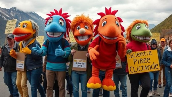 Protesters with puppets and signs rallying against Trump administration NCAR lawsuit.