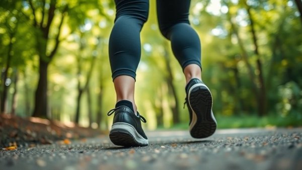 Steps a day for weight loss: close-up of person walking on a tree-lined path.