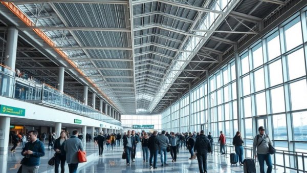 Denver airport terminal construction scene with passengers waiting.