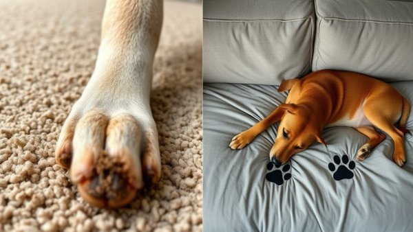 Muddy paw on carpet and dog on couch cover, washable protection.