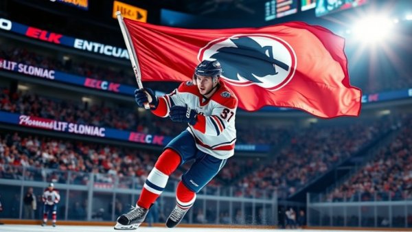 Vancouver Canucks player skating with team flag on ice.