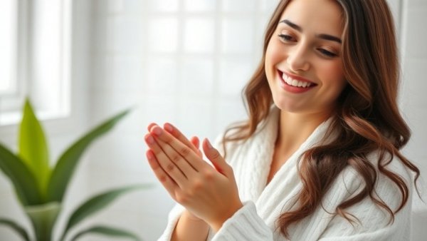 Woman in bathrobe applying lotion, showcasing shea butter benefits for skin.