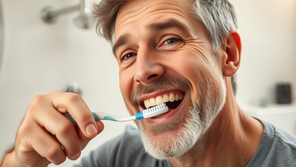 Middle-aged man brushing teeth for early signs of gum disease prevention.