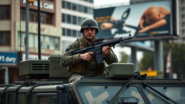 Impact of Air Strikes on Iranian Families: Soldier in urban setting with billboard.