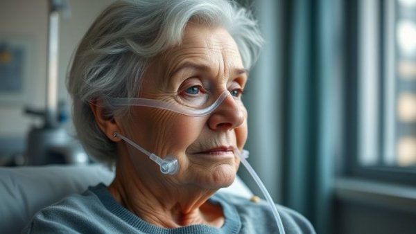Image of an elderly woman using high-flow oxygen in a serene hospital setting.
