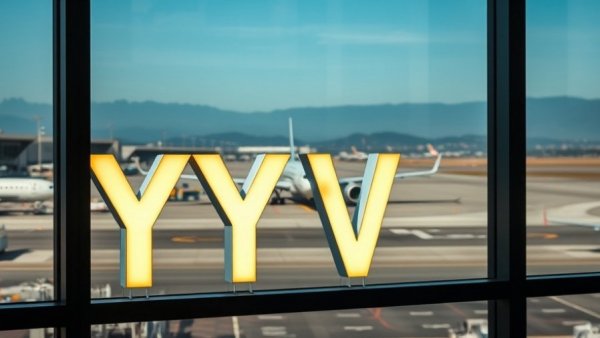 Vancouver airport YVR sign with runway view and airplane