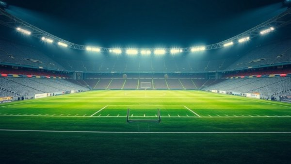 Football field at night in empty stadium, aerial view