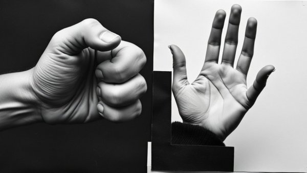Photocollage depicting contrasting hands symbolizing trauma bonding.