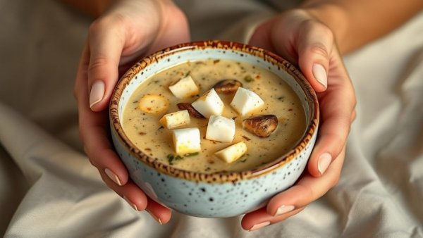 Mock turtle soup with crackers and eggs in a bowl.
