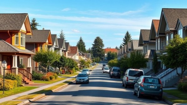 Suburban Vancouver street scene with houses and cars, clear sky.