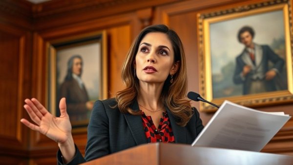 Confident woman speaking at podium about Canada's involvement in Iran war.