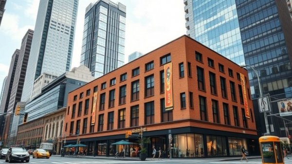 Denver business news: modern corner building with skyscrapers.