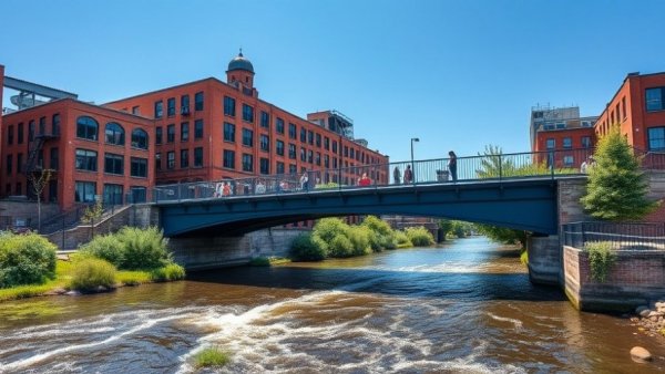 South Platte River with bridge and warehouse, bright day.