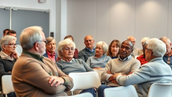 Older adults discussing challenges and solutions for an aging population in a classroom.