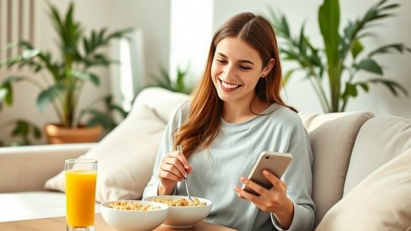 Young woman eating before a morning workout, using smartphone.