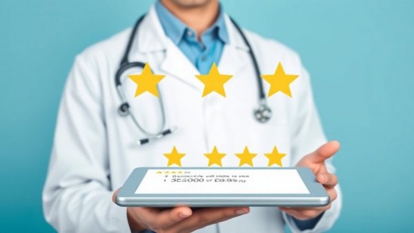 Doctor holding tablet showing five-star reviews, online doctor reviews.