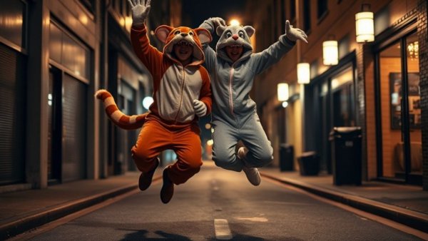 Costumed characters leaping in Vancouver alley at night.