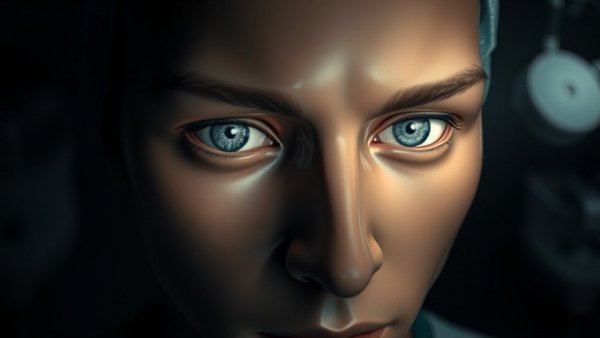 Close-up of high-fidelity medical manikin face in dim light.