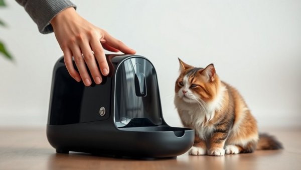 Automatic cat feeder next to a relaxed fluffy cat on a table.