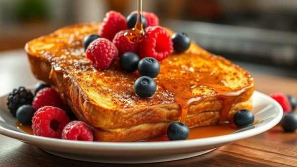 Delicious French toast with berries and syrup on a vibrant plate.