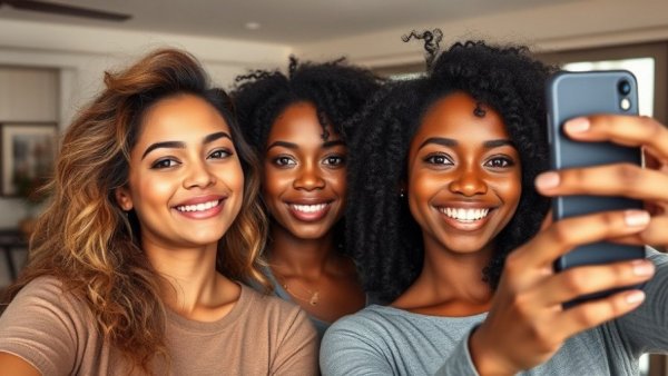 Diverse women with short dark hair and long blonde hair posing indoors.