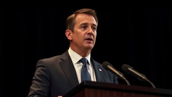 Businessman at podium discussing Canada's strategic defense priorities.