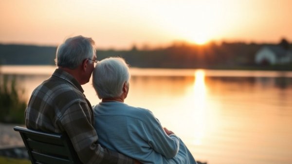 Elderly couple peacefully enjoying lakeside sunset, serene atmosphere.
