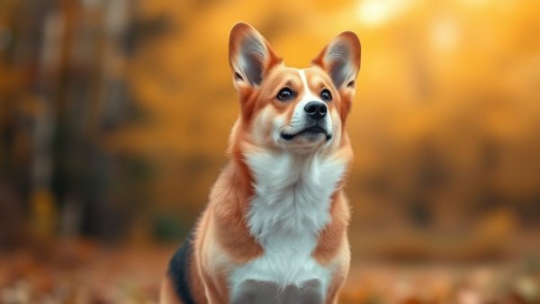 Charming Corgi with attentive expression in golden background.