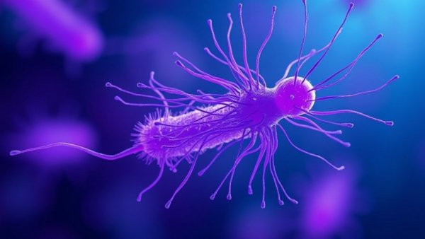 Microscopic view of purple bacterium related to Denver health news.