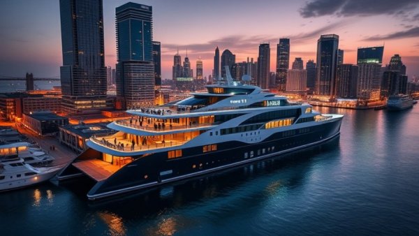 Aerial view of Vancouver floating hotel at twilight.