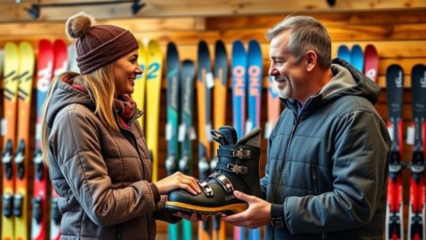 Casual interaction in Denver ski shop, showcasing vibrant selection.