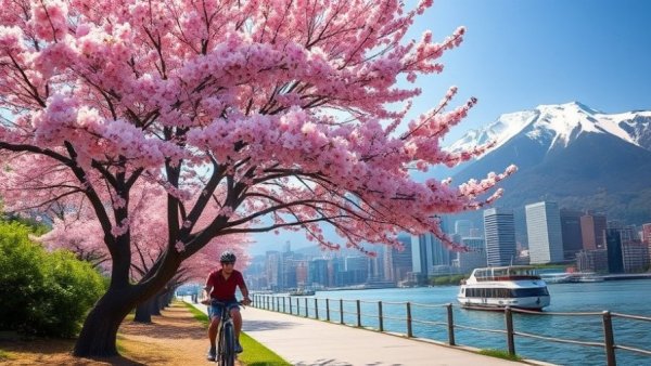 Cyclist under cherry blossoms by Vancouver's spring waterfront.