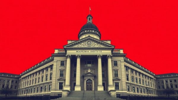 Institute of Mechanics building against red sky, AI Research and Geopolitics theme