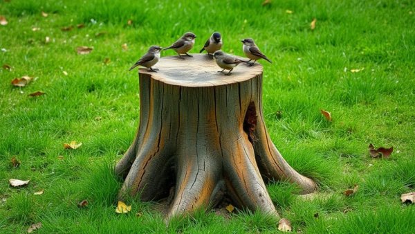 Transform tree stump into garden feature with birds on a grassy landscape.