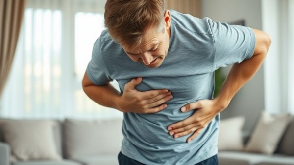 Middle-aged male experiencing abdominal pain in living room, perforated bowel.