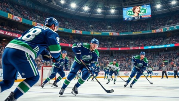 Vancouver Canucks hockey players in action during a game.