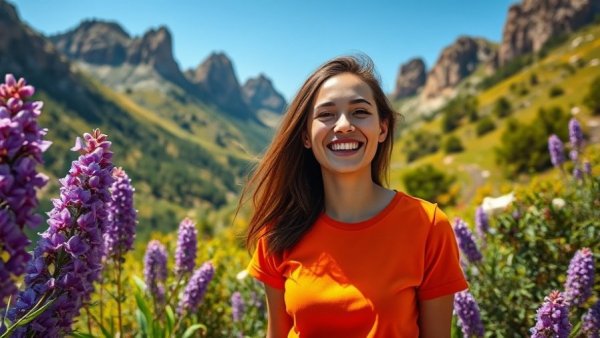 Joyful woman in orange shirt amid purple flowers and mountain landscape, Full Pink Moon vibe.