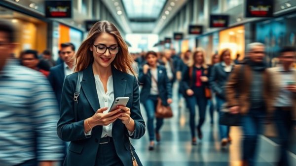 Professional woman using smartphone on busy walkway demonstrating safety with smartphone sharing.