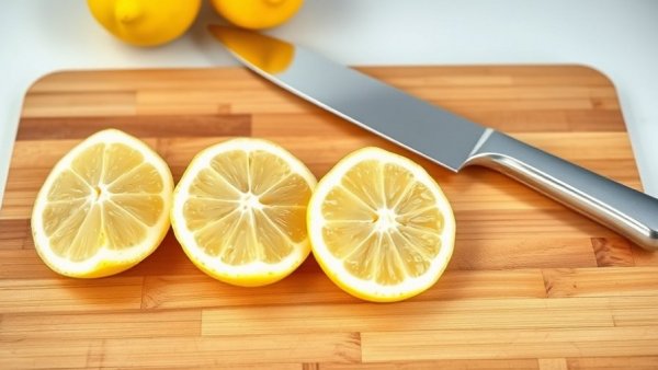 Fresh lemon wedges on cutting board and knife in kitchen