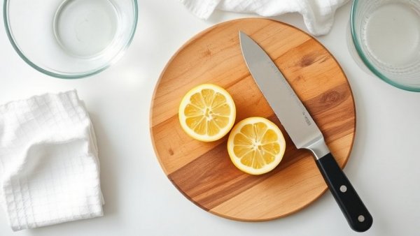 Cutting board cleaning methods with lemons and knife on wooden board.