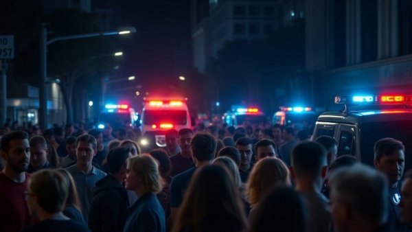 Tense night scene with anxious crowd and police vehicles in Fort St. John.