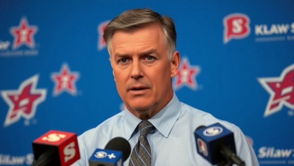 Middle-aged man at press conference with blue backdrop.