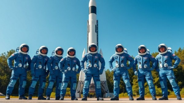 Astronauts pose with Artemis II rocket, clear sky.