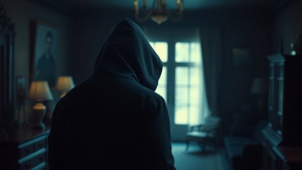 Mysterious hooded figure surveying a dimly lit room.