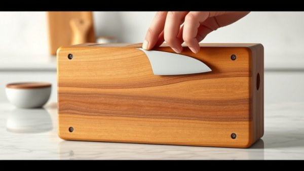 Modern universal knife block with hand demonstrating ease of use.