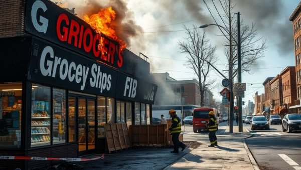 Arson aftermath at Downtown Eastside grocery store, charred facade.