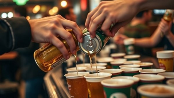 Hands pouring beer into cups at a Canadian venue.