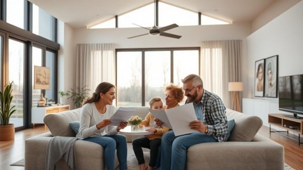 Happy family reviewing April mortgage outlook in modern home.