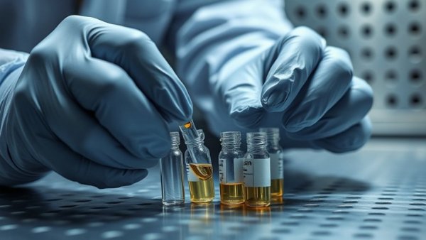 Gloved hands preparing vials under FDA peptide restrictions.