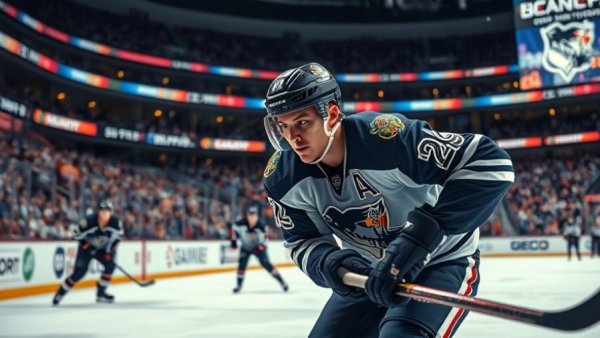 Hudson River Rivalry ice hockey action shot with player in focus.